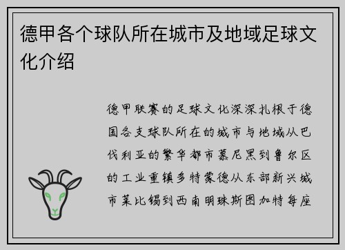 德甲各个球队所在城市及地域足球文化介绍